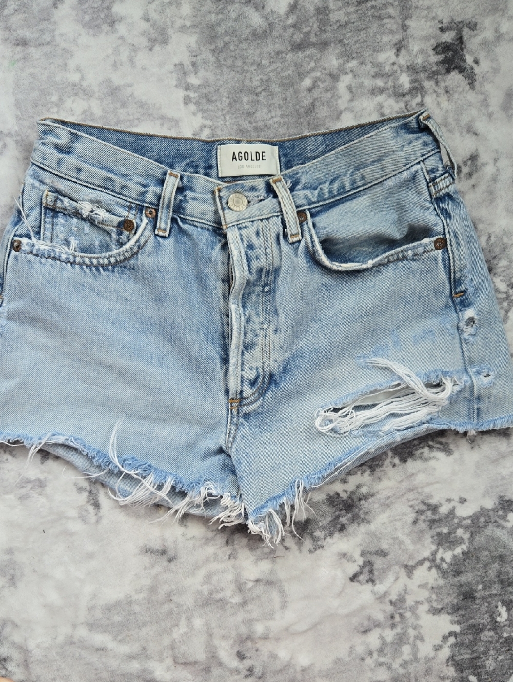 Agolde Light Blue Distressed High-Rise Cutoff Denim Shorts. Organic Cotton.